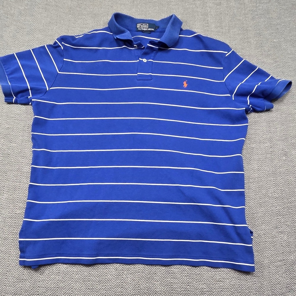 Polo Ralph Lauren Mens Blue White Striped Short Sleeve Polo Shirt Orange Pony